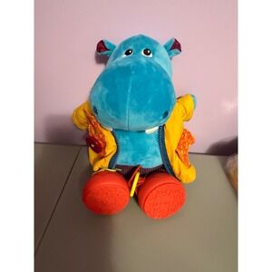 B Toys Hippopotamus Plush Toy Interactive Jacket Zipper Activity Toy Blue Yellow